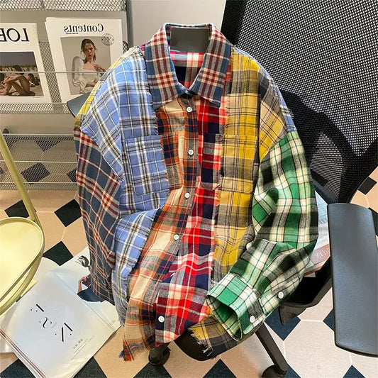 🍒Women's checkered collared  shirt spliced long sleeve shiirt Y2K american streetwear aesthetic college 2000s top retro shirt casual clothing Get Your Neck In A check