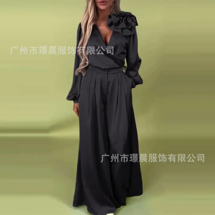 🍒Wide leg pants set elegant 3d flower satin suit for women v neck blouse plus wide leg casual loose  trousers party wear occasion wear two piece                           Suit Yourself With Satin