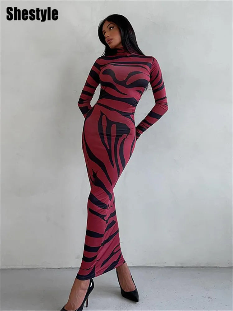 🍒Red striped long dress womens bodycon turtle neck zebra print mesh outfit clubwear party occasion wear clothing                       Catwalk Your Tiger