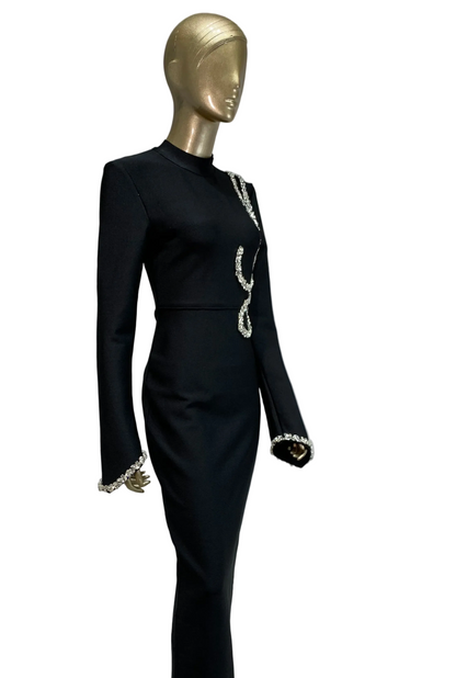 🍒Black party dress for women long sleeve half high neck collar crystal bodycon gown occassion  outfit with sparkles ankle length maxi dress celebrity club  wear evening wear Swirl Twirl