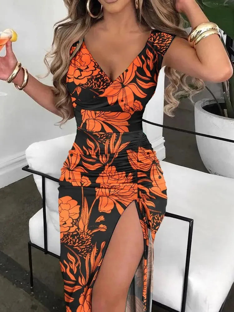 🍒Summer print dress fashion smart casual clothes for women elegant v-neck sleeveless bodycon dress with split front beach party wear Print Your Summer Print