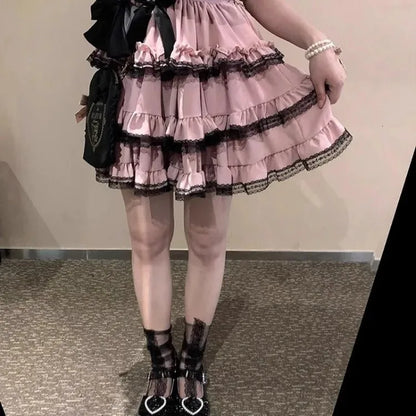🍒Tiered pink mini skirt harajuku sweet lolita a-line fashion for women Y2k high waist cake skirts with ruched lace summer fashion wear smart casual clothing Put The Cherry On Top And Add This Cake To Your Wardrobe