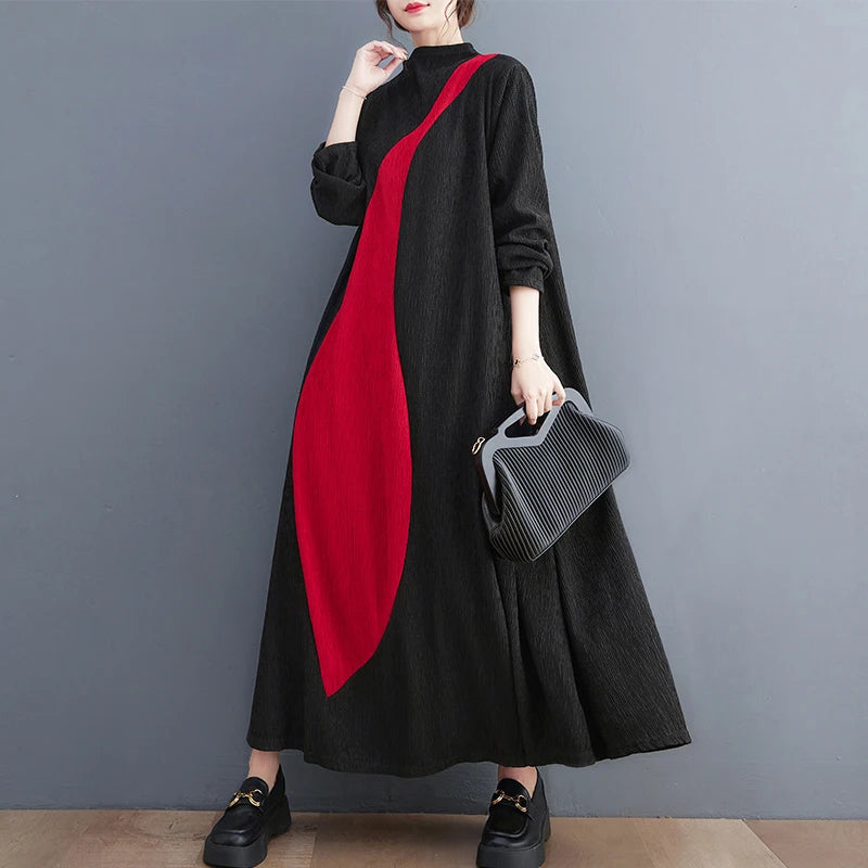 🍒Long sleeve maxi dress red and black outfit long sleeve loose  women smart casual clothes with patchwork loose fit a-line occasion wear chic holiday wear oversize fashion  Black Out Boring Clothes And Get This Red