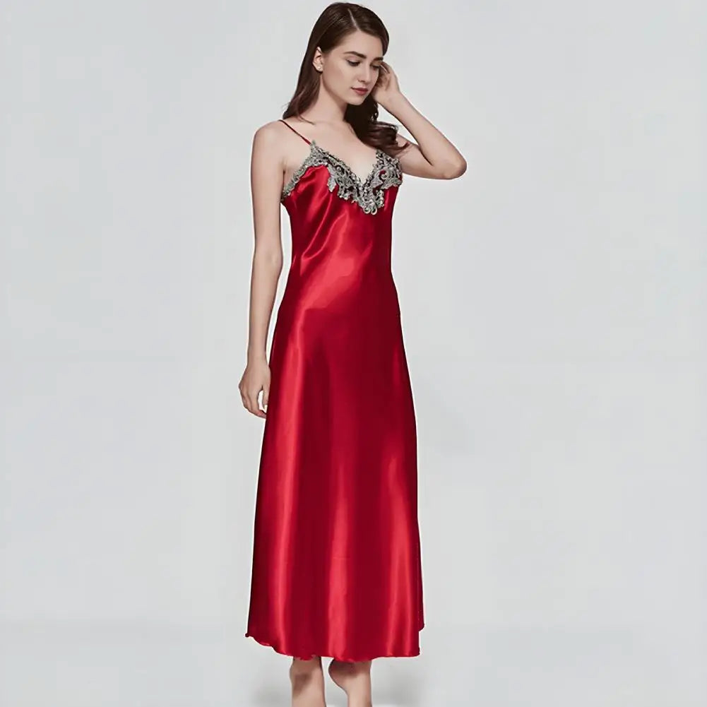 🍒Satin sleepwear for women house sleepwear dress gown wth spaghetti strap loose lingerie lace trim nightwear elegant maxi sleepwear chemise nightdress with v neck front and back Luxurate Lovely Lingerie Luxurate