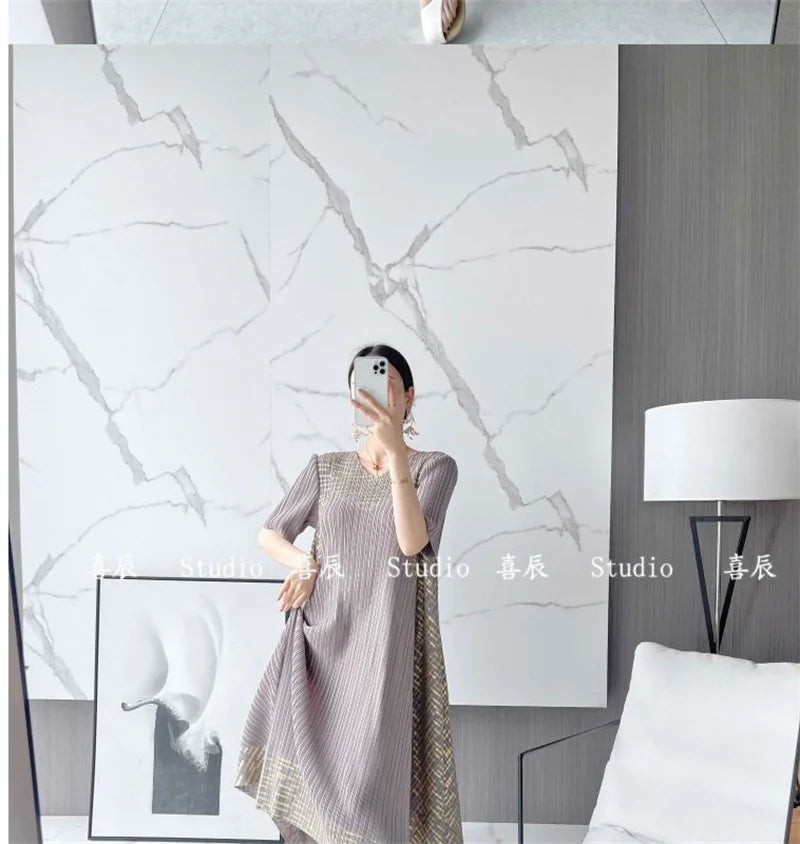 🍒Long dresses spring and autumn clothes plus size outfit a-line smart casual women pleated ring printed party wear A- Swirl Of a Dress