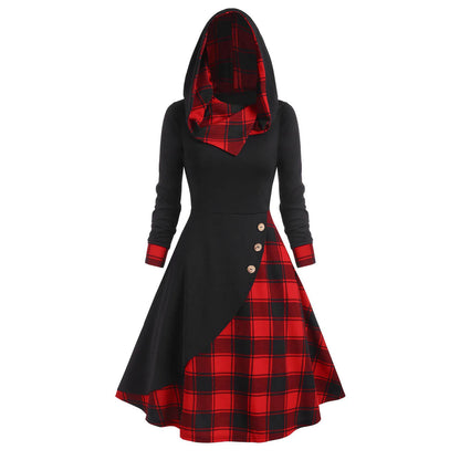 🍒Hooded dress button plaid patchwork outfit womens warm clothes autumn winter fashion high waist long sleeve casual midi Please Purchase Plaids