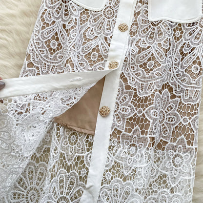 🍒White long lace dress for women short sleeve turn down collar elegant occasion party wedding reception outfit high waist Y2k fashion Lacey Bow Loves This So Will You!