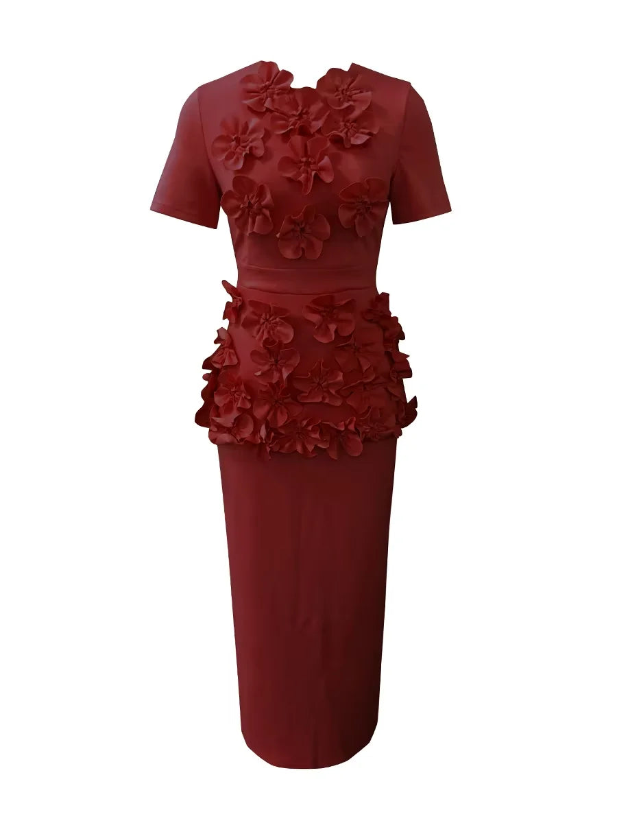 🍒Solid 3D flower two piece set applique outfits for women o-neck short sleeve top and high waist skirt sets feminine clothing fashion wear Blamange in Beauty