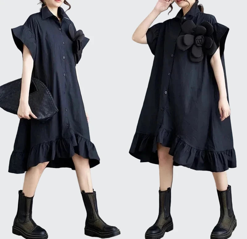 🍒Summer loose dress artistic high low ruffle trim outfit with 3D flower cotton blend office smart casual women mid-length a-Line Don’t Get Ruffled Pick A Flower And Ease lnto Summer