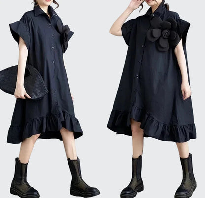 🍒Summer loose dress artistic high low ruffle trim outfit with 3D flower cotton blend office smart casual women mid-length a-Line Don’t Get Ruffled Pick A Flower And Ease lnto Summer