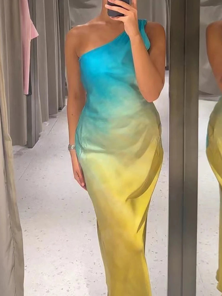 🍒Gradient dress women one shoulder dress maxi backless gown with design straps occasion party wear sleeveless outfit high waist evening wear Get Sunset Ready