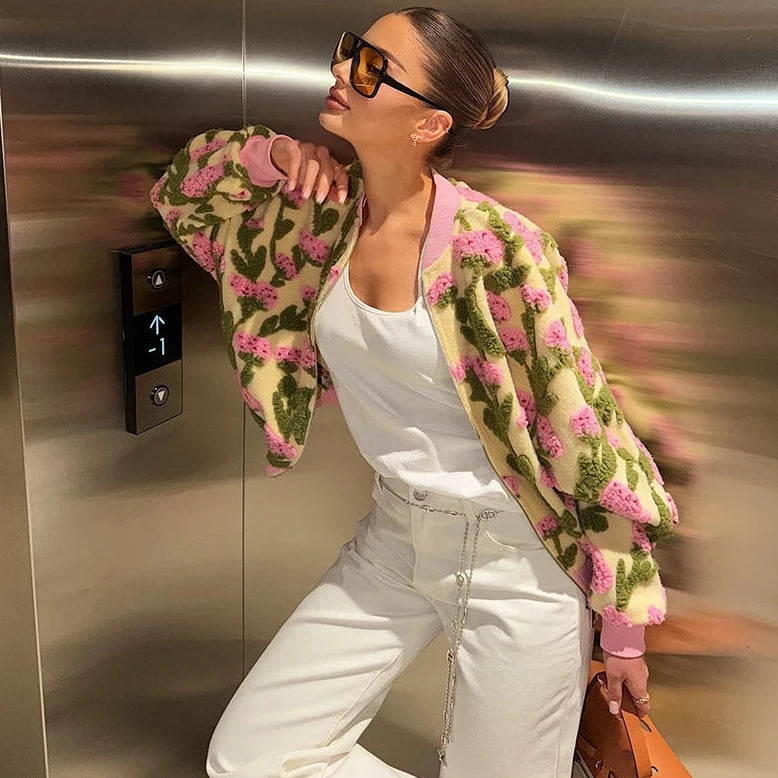 🍒Floral fleece bomber jacket women smart casual elegant stand collar bomber embroidery long sleeve zip up short coat spring outerwear 3D clothing  Fab Fleece Flowery Fashion Fun