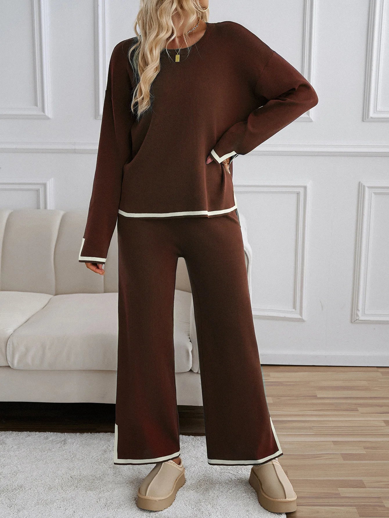 🍒Two piece women's clothing spring summer fashion knitted casual top short sleeve and wide-leg pants matching set Suit LINE Up For This EDGEy Set