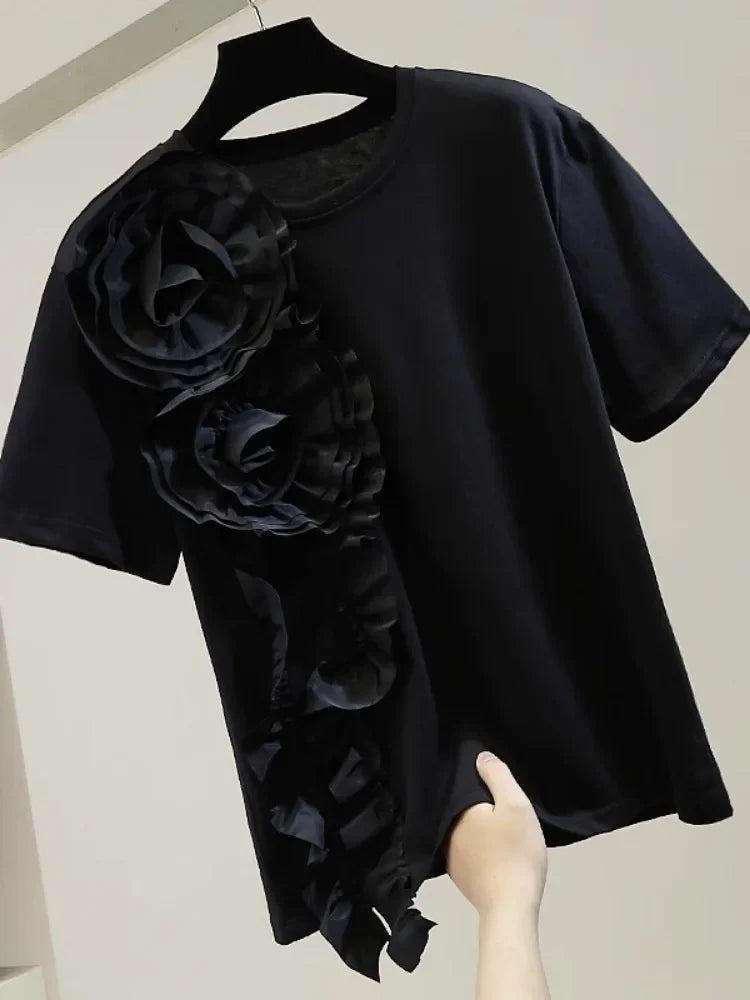 🍒Summer t-shirts for women o-neck smart casual tops t-shirt for party 3D floral tees occasion wear oversized shirts Look A'white At Night