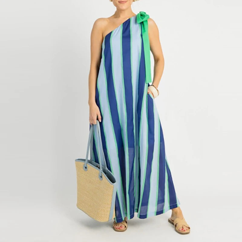 🍒Irregular straight casual women's long dress vacation sleeveless loose dresses bow tie Up striped summer dress Swipe A Stripe