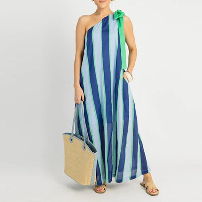 🍒Irregular straight casual women's long dress vacation sleeveless loose dresses bow tie Up striped summer dress Swipe A Stripe