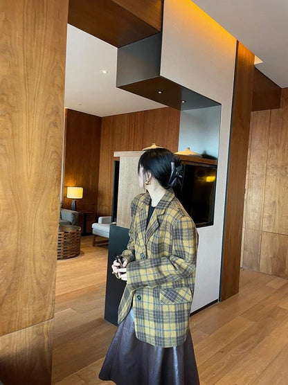 🍒Womens brown blazer vintage wool plaid Jacket autumn winter british style trendy eye catching yellow check coat long sleeve female smart casual clothing Chunky Check Charm
