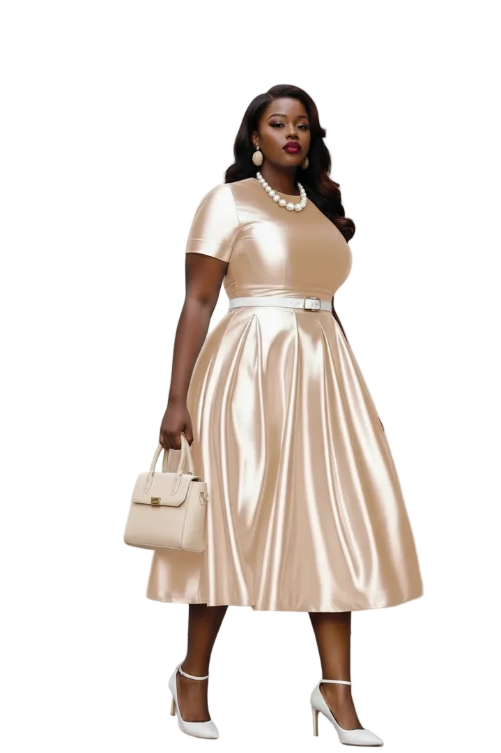🍒A-line shiny dress metallic short sleeve midi for women plus size outfit fit and flare elastic dress smart casual clothing Summer Stunner