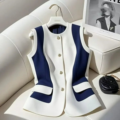 🍒Vest Jacket women o-neck sleeveless single breasted waistcoat jacket autumn slim spring summer office wear fashion occasion wear Trust A Contrast