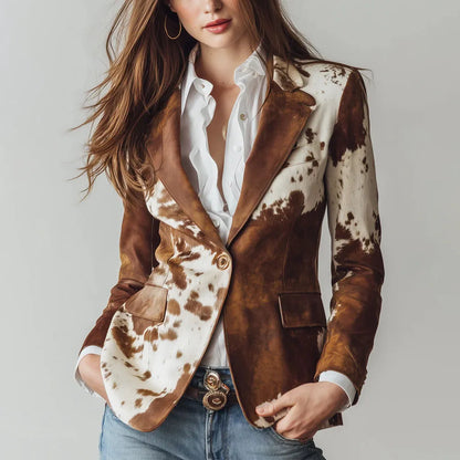 🍒Casual Jacket for women  fashion brown animal print long sleeve jacket lapel styles and stand up collar slim blazer suits smart casual Cute Cow