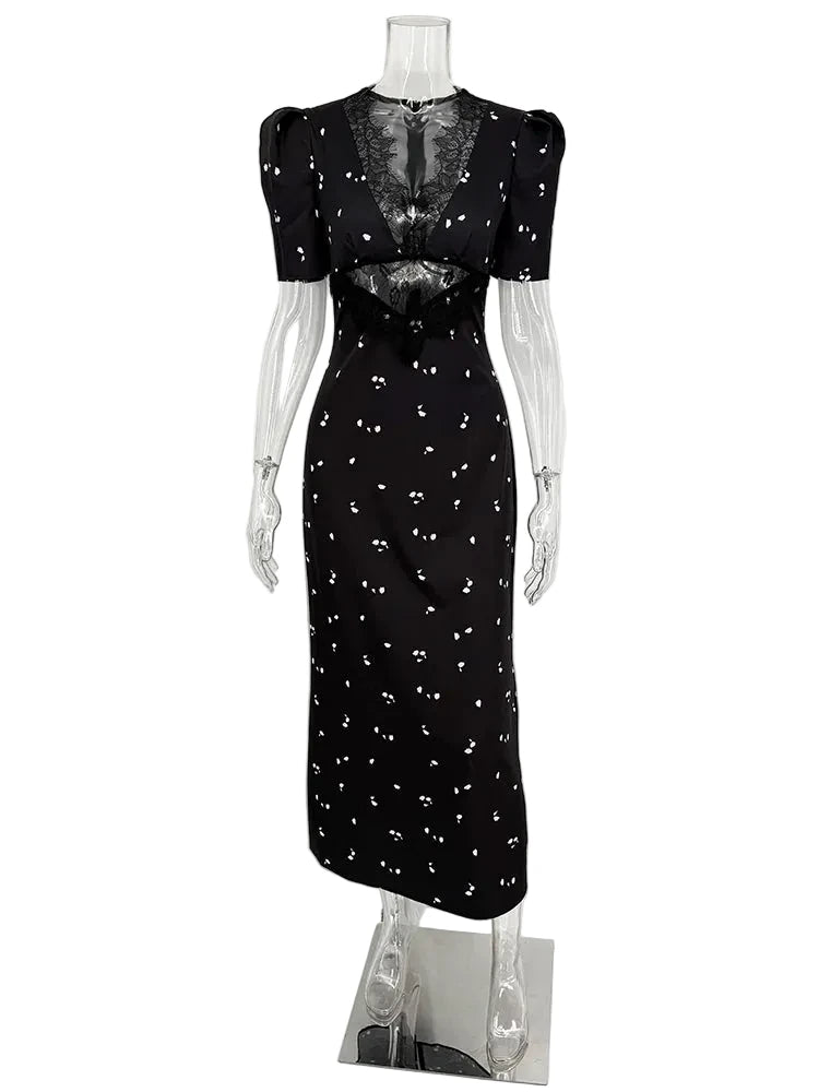 🍒Lace long dress for women short sleeve maxi dress lace insert party outfit mix media fashion wear occasion wear Pose In Rose