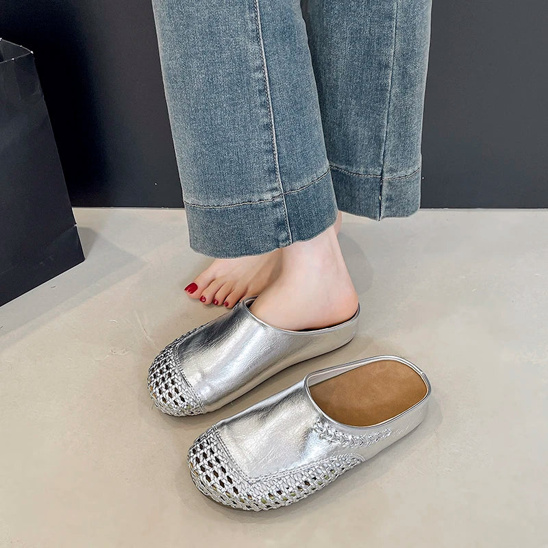 🍒Versatile sandals womens pumps shoes casual slippers for women party wear summer round toe summer shoes Slip Into Silver Sliders