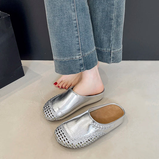 🍒Versatile sandals womens pumps shoes casual slippers for women party wear summer round toe summer shoes Slip Into Silver Sliders