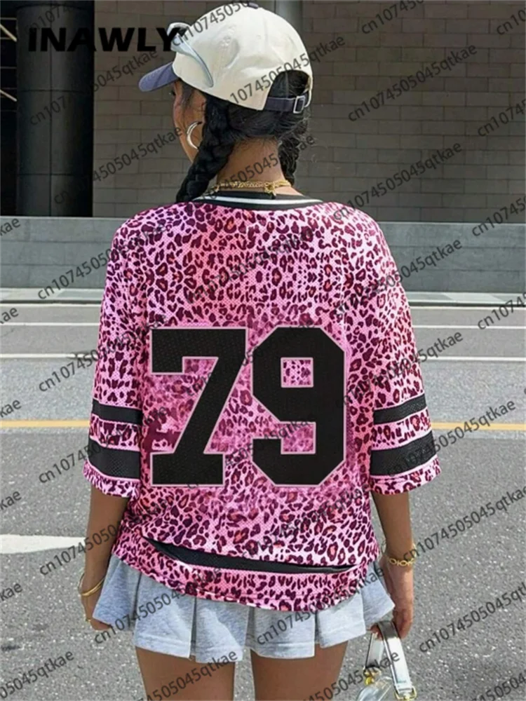 🍒Leopard print tops for women new york 79 print t-shirt summer short sleeve t-shirt v-neck mesh jersey top sport football style Y2K female clothing