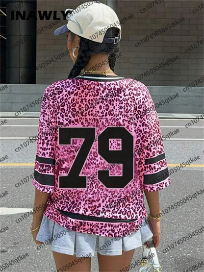 🍒Leopard print tops for women new york 79 print t-shirt summer short sleeve t-shirt v-neck mesh jersey top sport football style Y2K female clothing