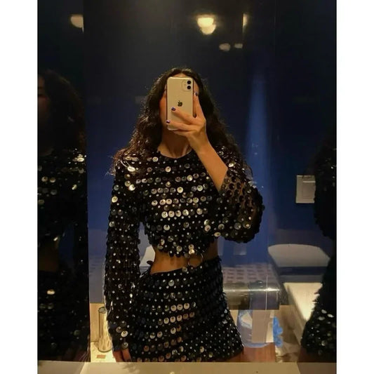 🍒Spring summer outfits women sequins mini dress flare sleeves o-neck fashion club wear party occasion wear irregular clothing DISCO-ver Sequin Style