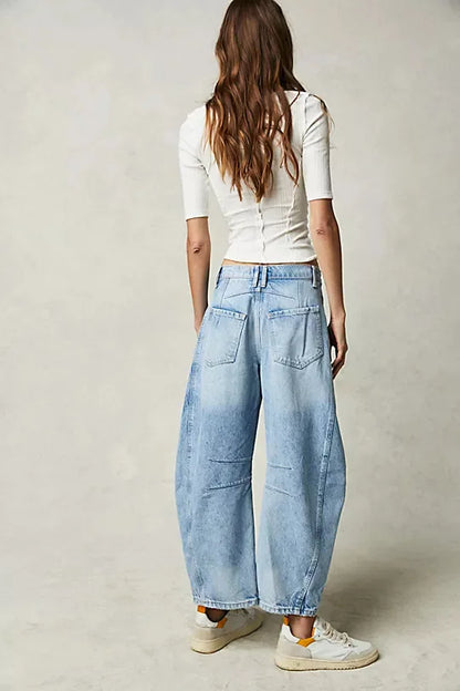 🍒Loose mid waist Jeans bleached denim style full length pants fashion solid colour trousers with pockets casual wear for women Barrels Of Style