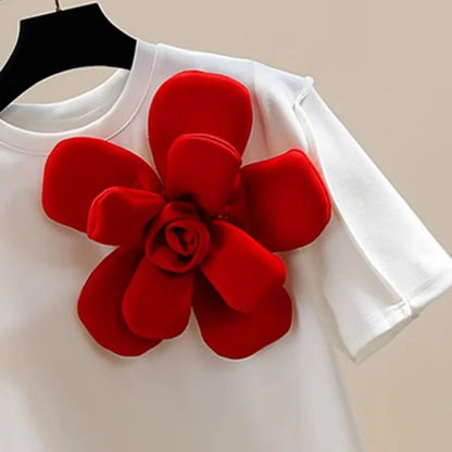 🍒 3D flower t-shirt o-neck white tee Y2k short sleeve loose top for summer women sweet fashion clothing Big Up Flower T-shirts