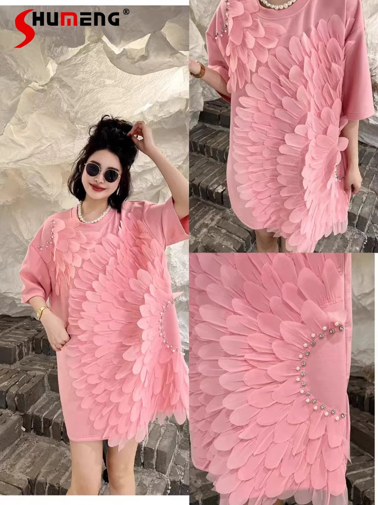 🍒Womens clothing oversize Spring summer clothing t-shirt dress 3D floral loose fashion tees unique chic super short-sleeve top Pick A Sun-flower