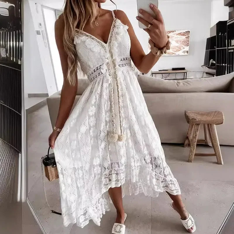 🍒Sleeveless lace dress spaghetti straps camisole long mesh outfit v-neck loose summer fashion for women tassel loose beach wear for women solid colour holiday wear Do A Spot Of Sunbathing In  Beachy Lace
