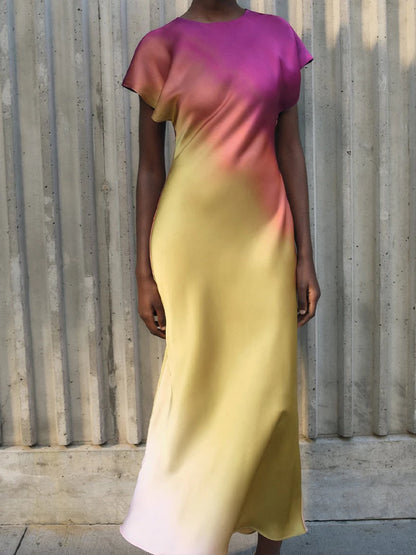 🍒Maxi gradient dress women summer wear elegant short sleeve satin outfit fashion slim fit high street clothing for occasion evening wear party wear Eat Summer Ice cream In Your Ice cream Summer