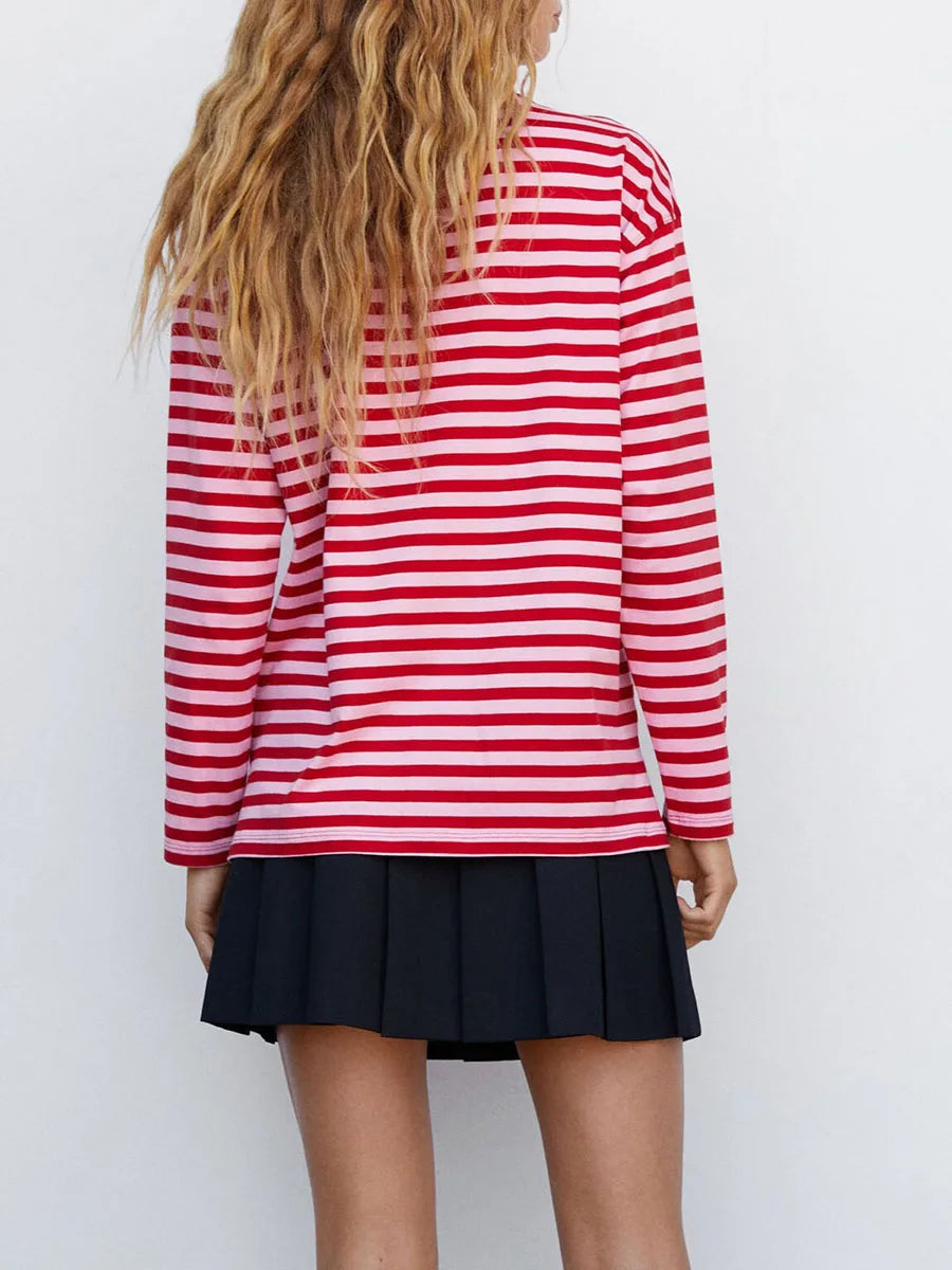 🍒Striped tops for women Y2k fashion long sleeve tops red and pink t-shirt vintage tee all season clothes casual Get Tipsey In Red Stripes