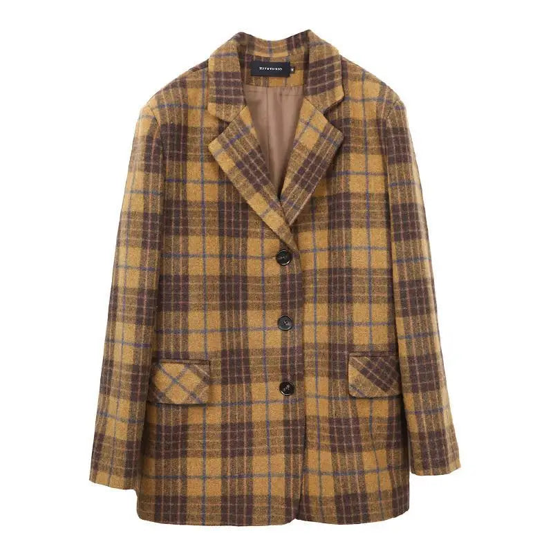 🍒Womens brown blazer vintage wool plaid Jacket autumn winter british style trendy eye catching yellow check coat long sleeve female smart casual clothing Chunky Check Charm
