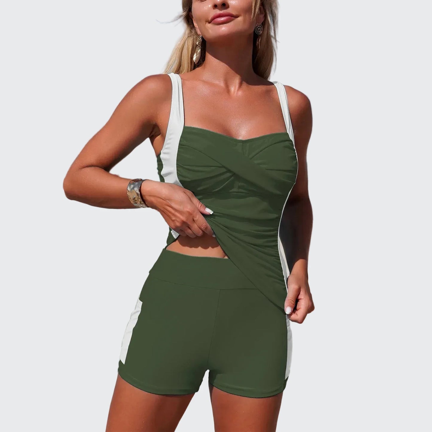 🍒Women's two piece swimsuits with pocket colour  block sporty tankini bathing suit waist ruched swimming suit summer beachwear Top Up Your Tan In A Tankini