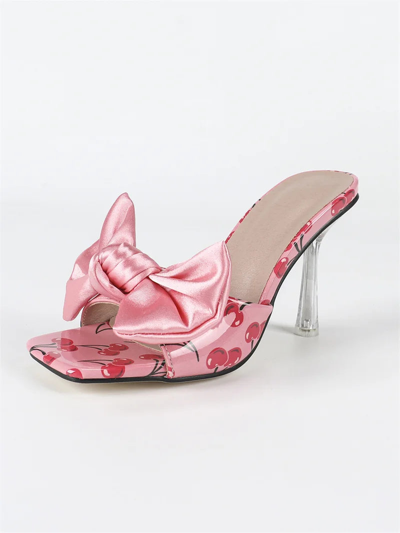 🍒Transparent heeled slippers For Woman colourful silk bowknot design heels party wear sandal shoes occasion footwear fashion cherry pattern mules slides Present A Bow To You