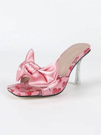 🍒Transparent heeled slippers For Woman colourful silk bowknot design heels party wear sandal shoes occasion footwear fashion cherry pattern mules slides Present A Bow To You