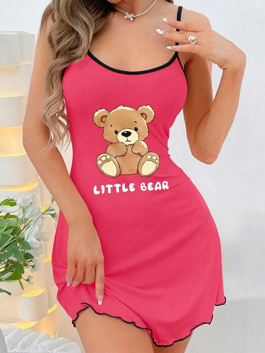 🍒spaghetti straps sleep dress nightwear fashion letter and bear print sleeveless flounce lettuce hem comfortable loungewear clothes for home mini dress holiday  Wear Your Bear