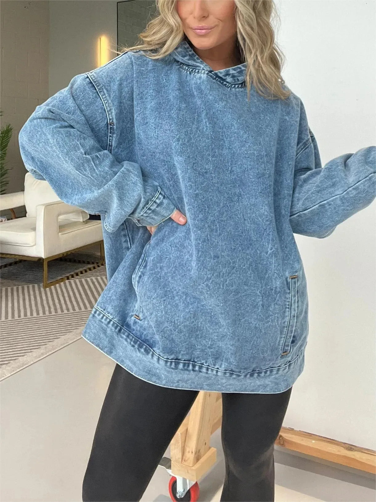 🍒Denim hoodie jeans pullover for women hooded Y2k asthetic distressed top washed loose outer garment casual clothing