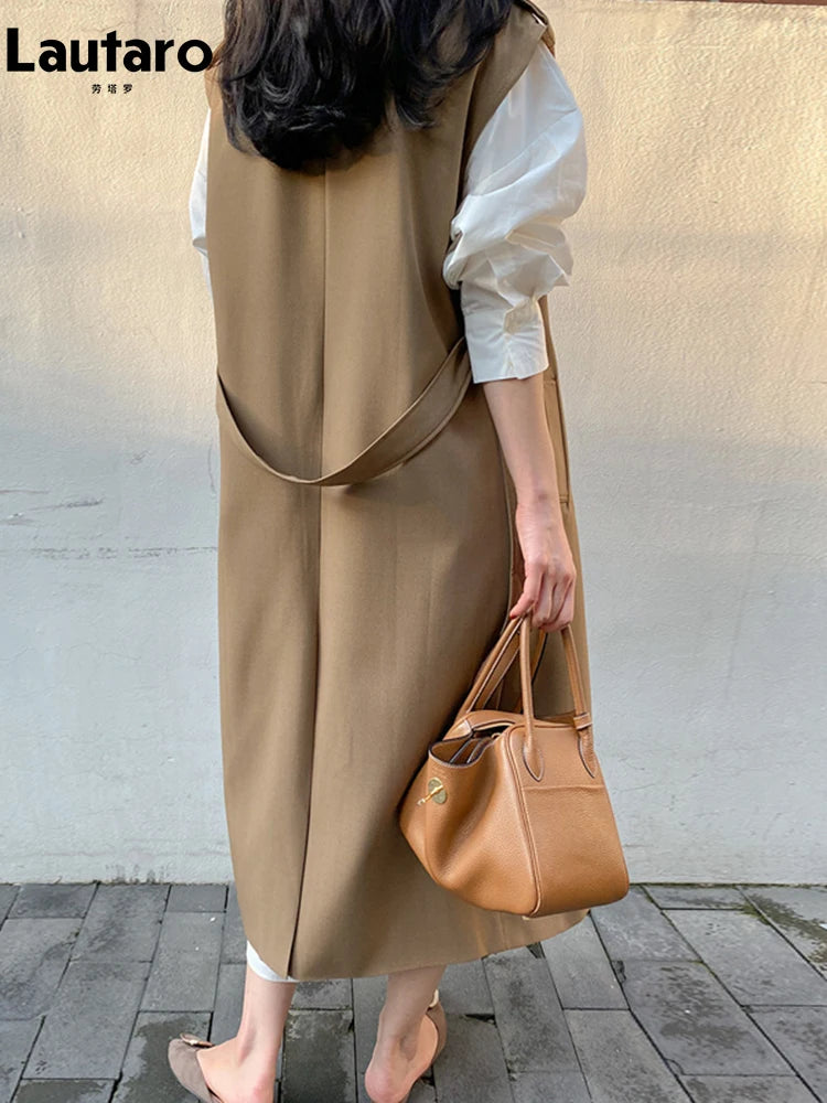 🍒Sleeveless trench coat for women with belt double breasted long vest maxi outerwear female loose autumn spring fashion Trendy Trench Trend