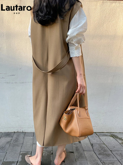 🍒Sleeveless trench coat for women with belt double breasted long vest maxi outerwear female loose autumn spring fashion Trendy Trench Trend
