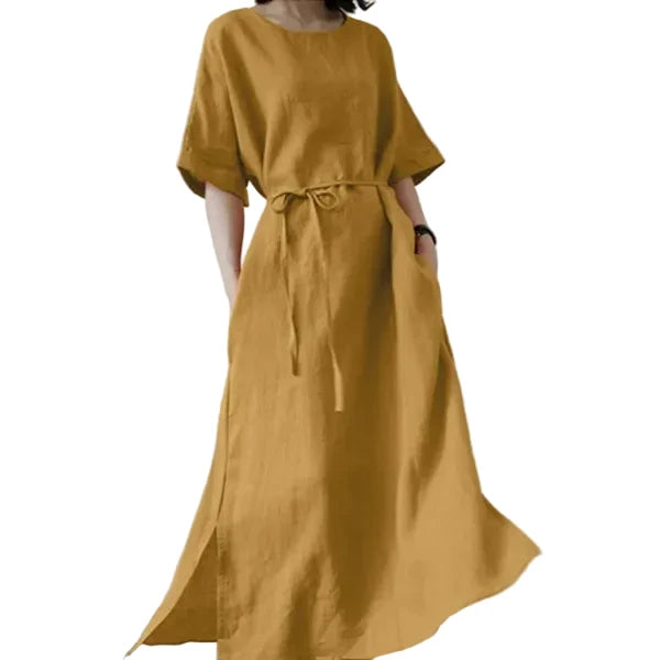 🍒Long dresses a-line fashion split hem wide short sleeve outfit casual outfit for women with waistband batwing sleeve clothes Simply Style