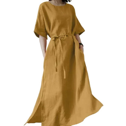 🍒Long dresses a-line fashion split hem wide short sleeve outfit casual outfit for women with waistband batwing sleeve clothes Simply Style
