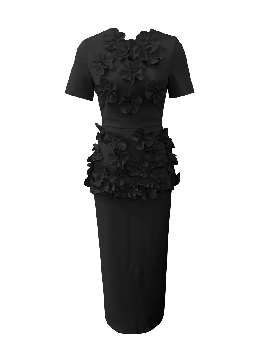 🍒Solid 3D flower two piece set applique outfits for women o-neck short sleeve top and high waist skirt sets feminine clothing fashion wear Blamange in Beauty