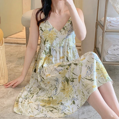 🍒Sleeveless night dress for Women breathable viscose cotton camisole nightie floral  night dress loungewear summer wear holidaywear nightwear Fresh Florals