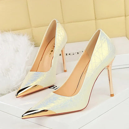 🍒Metalic high heel pumps for women elegant party stillettoe thin heels shoes for occasions party wear footwear GOLDen TIP PUMP Up Your Fashion Volume