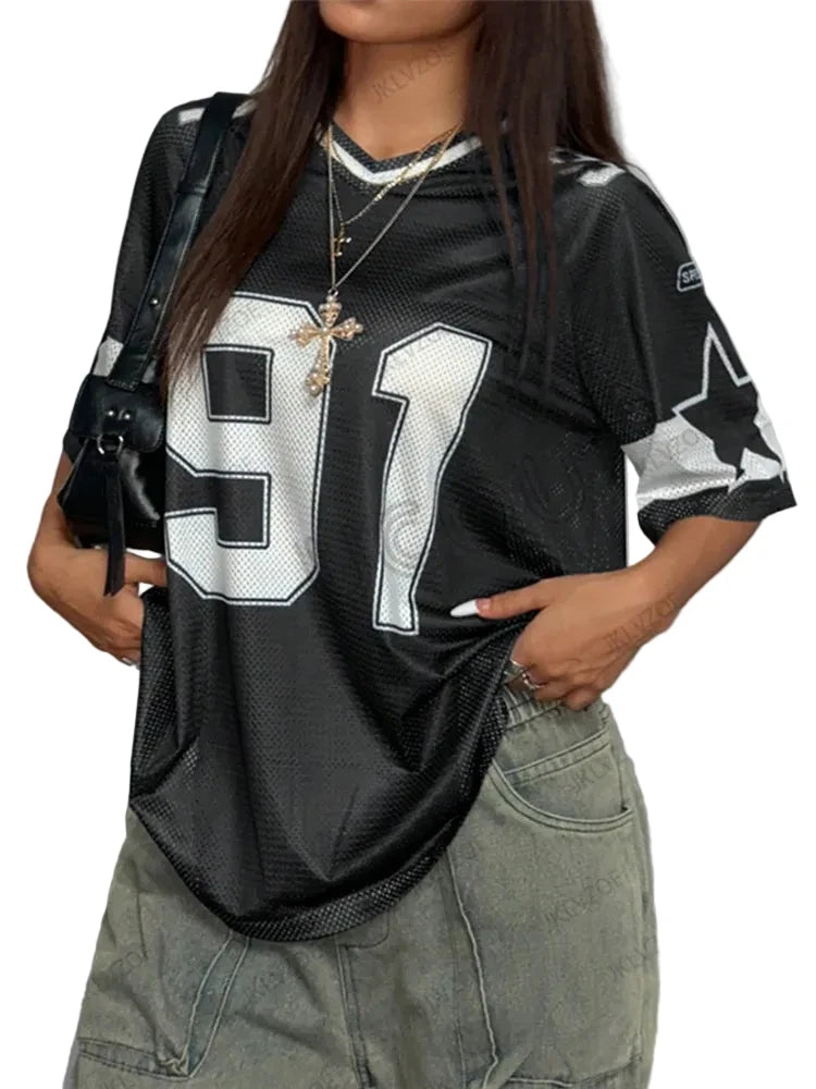 🍒Summer print t-shirt v-neck patchwork short sleeve sports top for women football Jersey y2k loose oversized tops  have a BALL with BASEic-ies